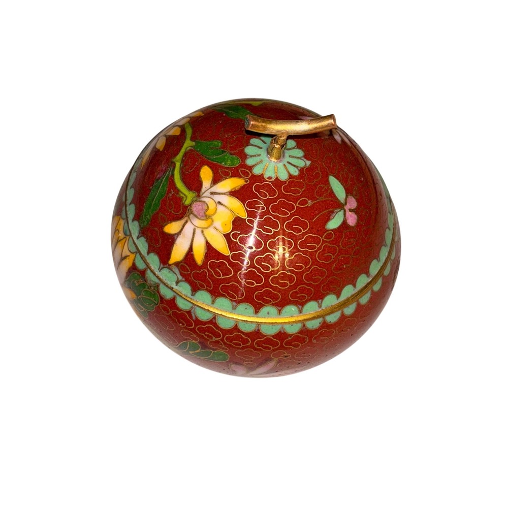 Vintage Cloisonne Egg Brass Trinket Box Jewelry Holder Lotus Flower Red Blue